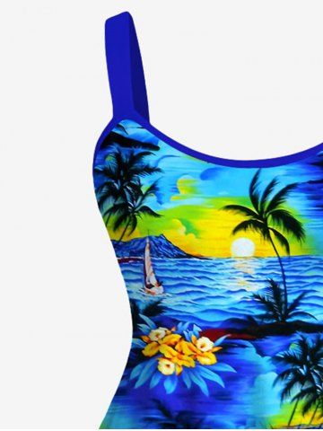 Coconut Tree Floral Sea Sun Print Dress and Button Shirt Plus Size Matching Hawaii Beach Outfit for Couples