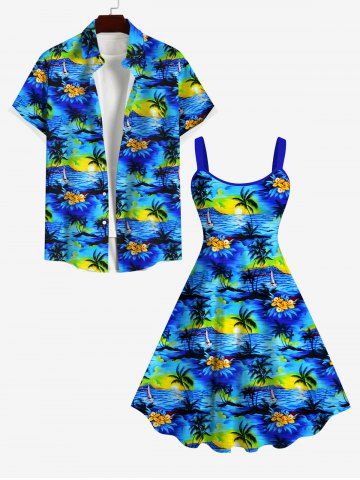 Coconut Tree Floral Sea Sun Print Dress and Button Shirt Plus Size Matching Hawaii Beach Outfit for Couples - BLUE