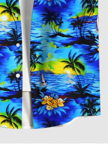 Coconut Tree Floral Sea Sun Print Dress and Button Shirt Plus Size Matching Hawaii Beach Outfit for Couples