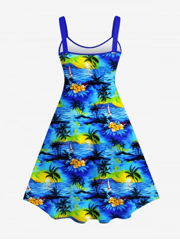 Coconut Tree Floral Sea Sun Print Dress and Button Shirt Plus Size Matching Hawaii Beach Outfit for Couples
