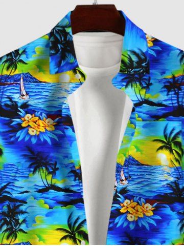 Coconut Tree Floral Sea Sun Print Dress and Button Shirt Plus Size Matching Hawaii Beach Outfit for Couples