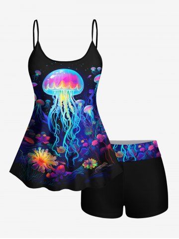 Hawaii Underwater World Plant Jellyfish Glitter 3D Print Boyshort Tankini Swimsuit - BLACK - XS