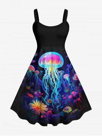 Hawaii Plus Size Sea Creatures Underwater World Plant Jellyfish Glitter 3D Print Tank Dress - BLACK - XS