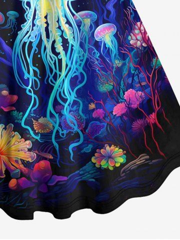 Hawaii Plus Size Sea Creatures Underwater World Plant Jellyfish Glitter 3D Print Tank Dress