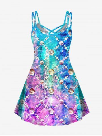 Hawaii Plus Size Shell Pearl Ombre Sea Creatures Print Crisscross A Line Cami Dress