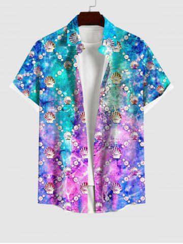 Hawaii Plus Size Turn-down Collar Shell Pearl Ombre Sea Creatures Print Button Pocket Shirt For Men