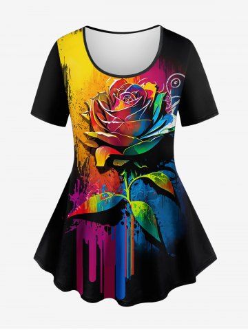 Plus Size 3D Rose Flower Paint Painting Splatter Print Short Sleeves T-shirt - BLACK - 2X