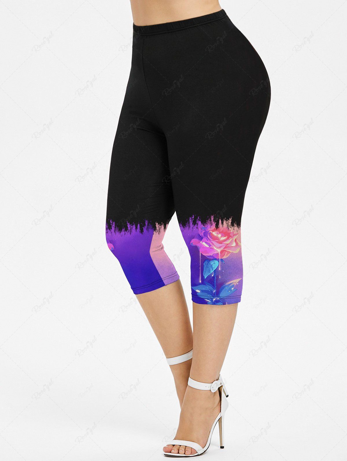 Shops Plus Size Rose Flower Ombre Colorblock Glitter 3D Print Capri Leggings  