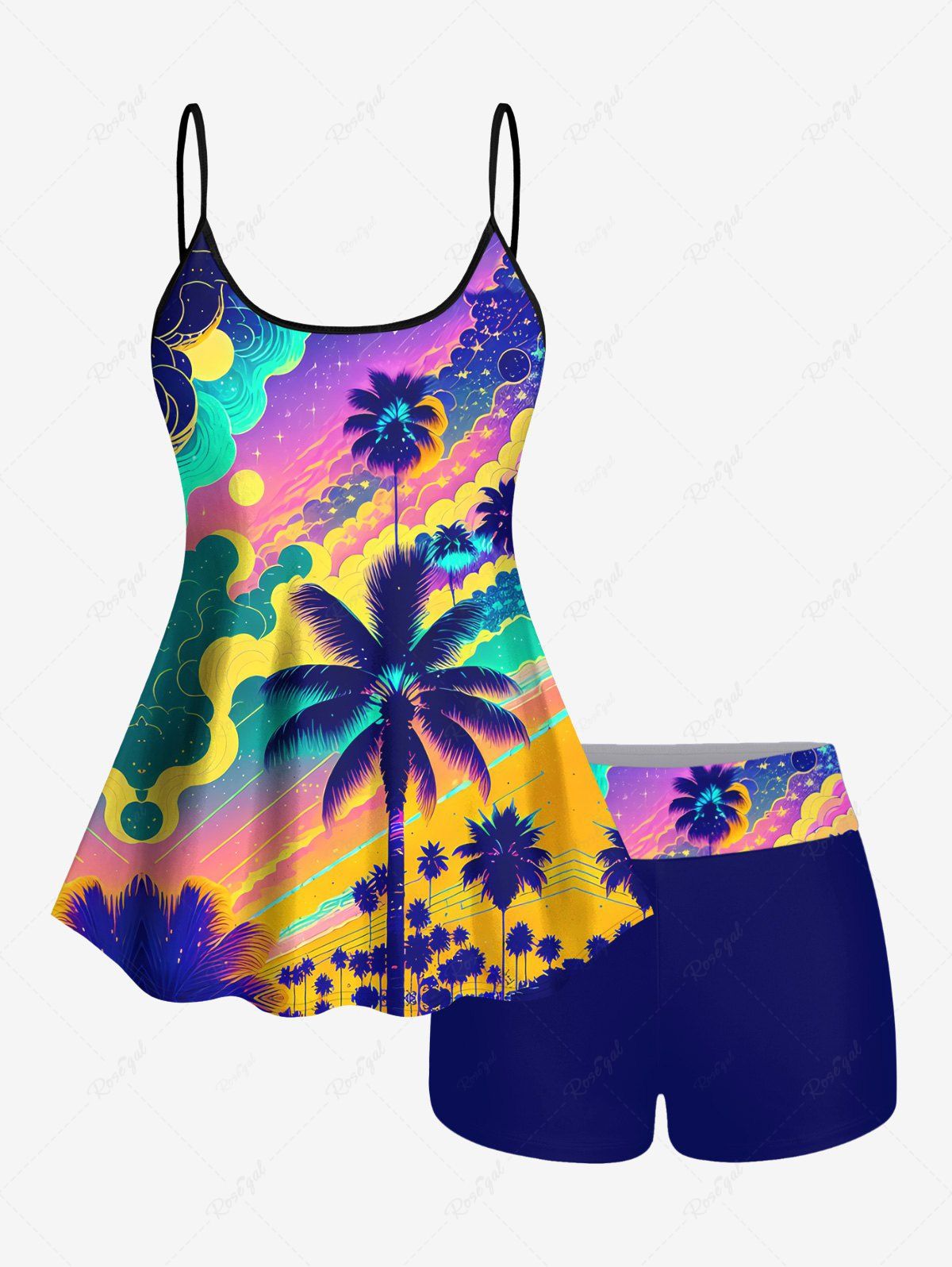 Best Hawaii Vacation Coconut Tree Sun Cloud Print Boyshort Tankini Swimsuit  