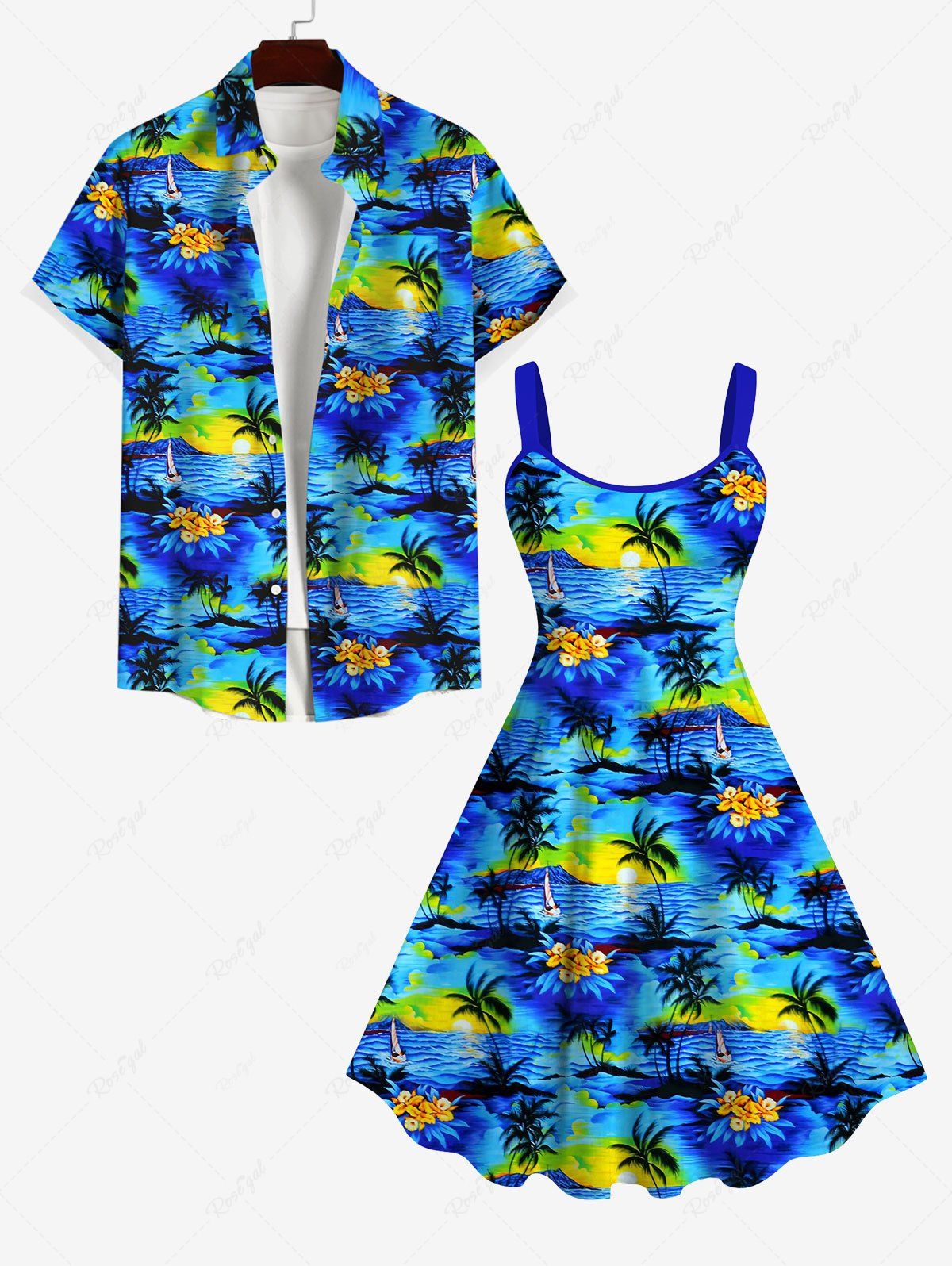 Shop Coconut Tree Floral Sea Sun Print Dress and Button Shirt Plus Size Matching Hawaii Beach Outfit for Couples  