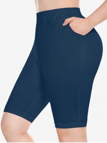 Plus Size Pockets Solid Cycling Shorts - BLUE GRAY - XS