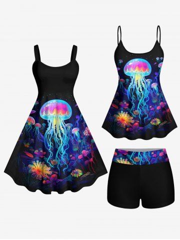Sea Creatures Underwater World Plant Jellyfish Glitter 3D Print Plus Size Matching Hawaii Beach Outfit for Couples - BLACK