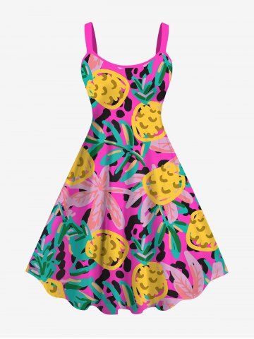 Hawaii Plus Size Pineapple Palm Leaf Flower Print Tank Dress - LIGHT PINK - M