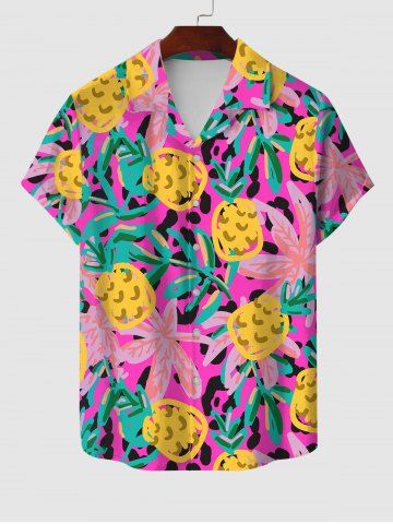 Hawaii Men's Pineapple Palm Leaf Print Buttons Pocket Short Sleeve Shirt - LIGHT PINK - XS