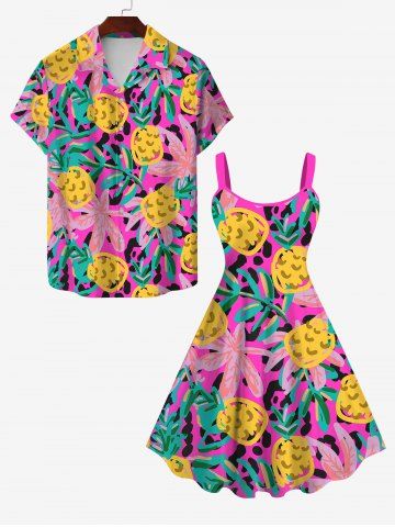 Pineapple Palm Leaf Flower Print Tank Dress and Buttons Shirt Plus Size Matching Hawaii Beach Outfit for Couples