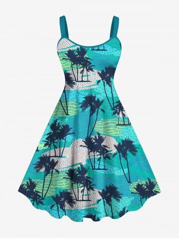 Hawaii Plus Size Coconut Tree Beach Print Backless A Line Tank Dress - GREEN - M