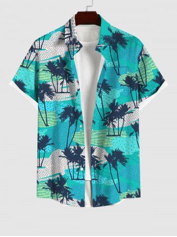 Hawaii Plus Size Turn-down Collar Coconut Tree Beach Print Button Pocket Shirt For Men - GREEN - S