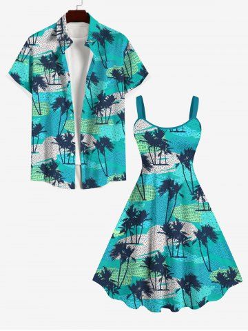 Coconut Tree Beach Print Backless Dress and Button Shirt Plus Size Matching Hawaii Beach Outfit for Couples