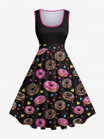 Plus Size Sweet Doughnuts Heart Print Sleeveless 1950s Vintage Swing Dress - BLACK - XS
