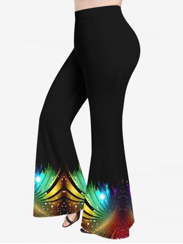 Pantalon Evasé 3D Galaxie Imprimée en Blocs de Couleurs de Grande Taille à Paillettes - BLACK - 2X
