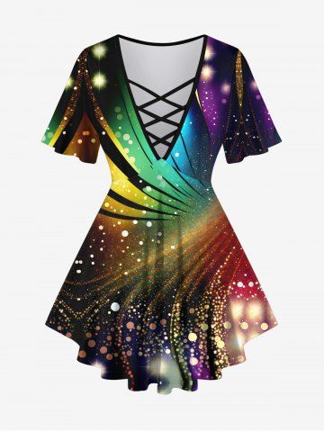 Plus Size Galaxy Glitter Swirls 3D Print Lattice Crisscross Flare Sleeve T-shirt - MULTI-A - XS