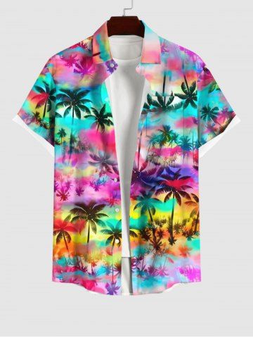 Hawaii Plus Size Turn-down Collar Colorful Ombre Galaxy Coconut Tree Print Button Pocket Shirt For Men - MULTI-A - XL