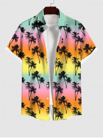 Hawaii Plus Size Coconut Tree Ombre Colorblock Print Buttons Pocket Shirt For Men