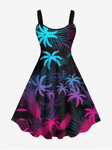 Hawaii Plus Size Ombre Coconut Tree Palm Leaf Print Tank Dress - BLACK - S