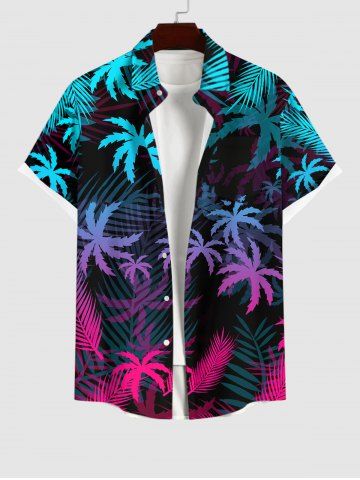 Hawaii Plus Size Ombre Coconut Tree Palm Leaf Print Buttons Pocket Shirt For Men - BLACK - 2XL