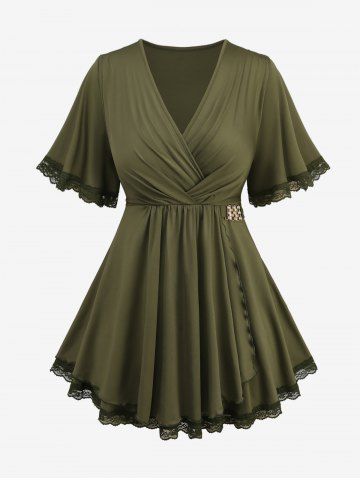 Plus Size Buckle Lace Trim Surplice Ruched Ruffles Asymmetrical T-shirt - GREEN - M | US 10