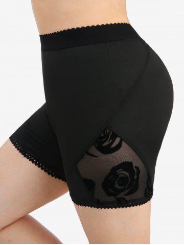 Plus Size Lace Trim Rose Flower Flocking Mesh Patchwork Short Leggings - BLACK - 1X | US 14-16