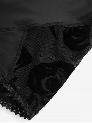 Plus Size Lace Trim Rose Flower Flocking Mesh Patchwork Short Leggings