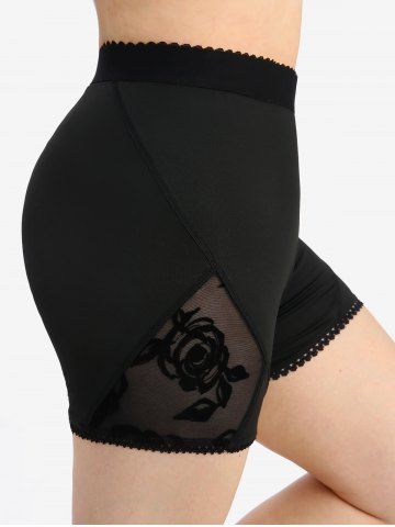 Plus Size Lace Trim Rose Flower Flocking Mesh Patchwork Short Leggings