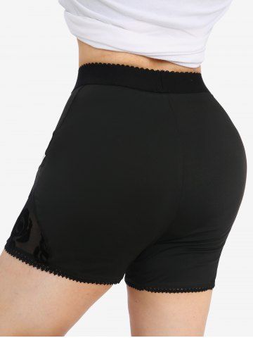 Plus Size Lace Trim Rose Flower Flocking Mesh Patchwork Short Leggings