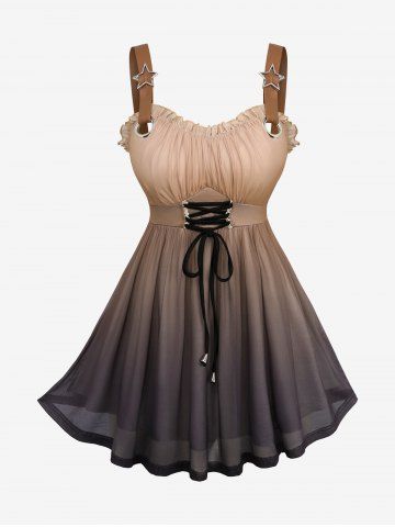 Plus Size Ombre Print Lace Up Ruched Ruffles Star Buckle Tank Top - COFFEE - 4X | US 26-28