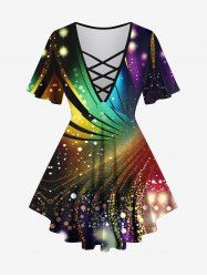 Plus Size Galaxy Glitter Swirls 3D Print Lattice Crisscross Flare Sleeve T-shirt -  