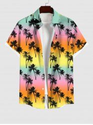 Hawaii Plus Size Coconut Tree Ombre Colorblock Print Buttons Pocket Shirt For Men -  