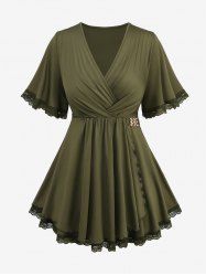 Plus Size Buckle Lace Trim Surplice Ruched Ruffles Asymmetrical T-shirt -  