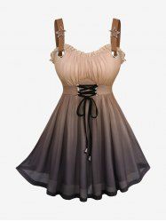 Plus Size Ombre Print Lace Up Ruched Ruffles Star Buckle Tank Top -  