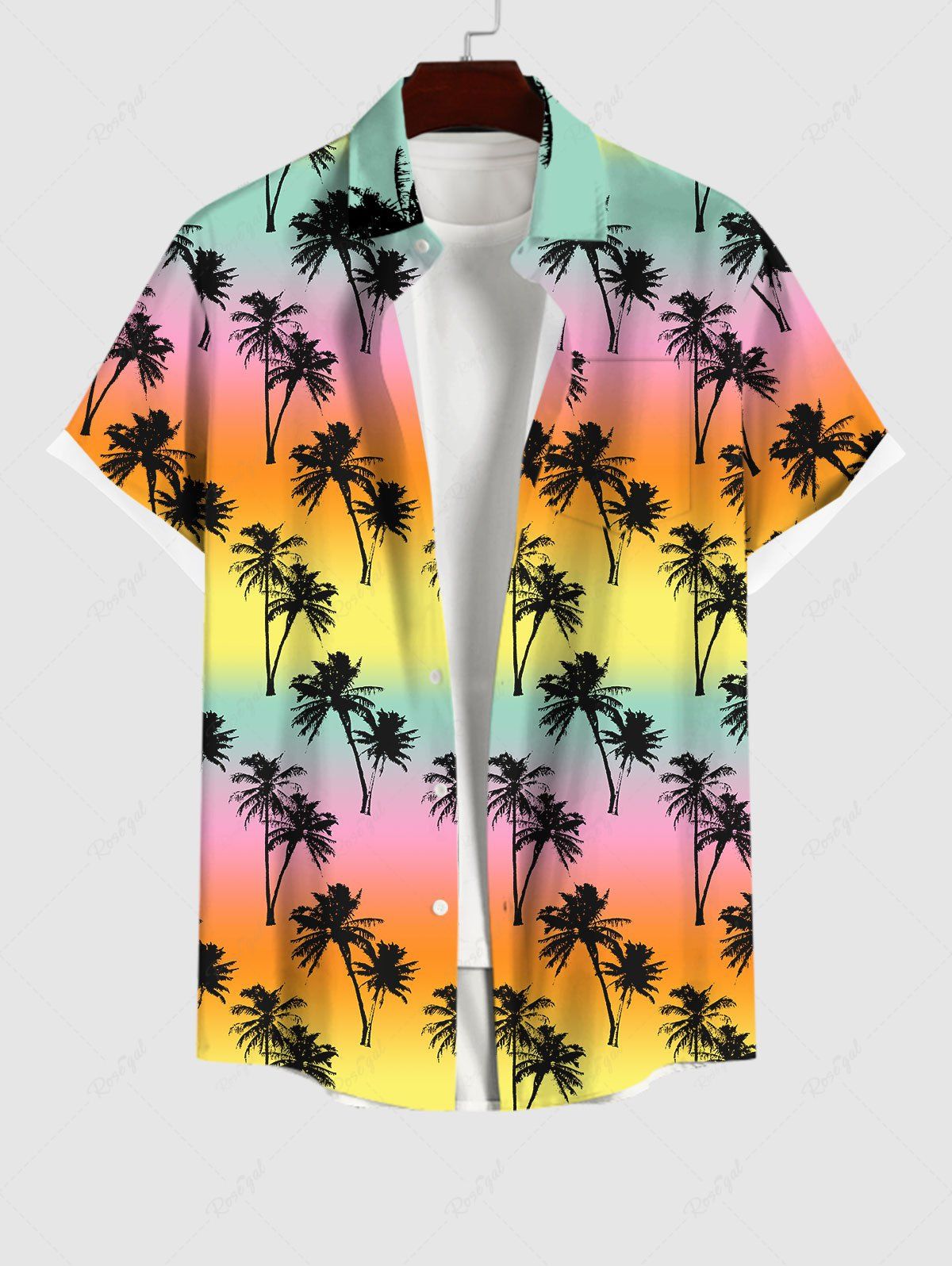 Chemise Décontractée Boutonnée en Blocs de Couleurs Arbre de Noix de Coco Imprimé Grande Taille avec Poche Multi-A M