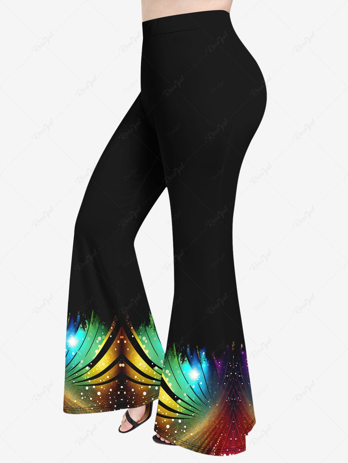 Pantalon Evasé 3D Galaxie Imprimée en Blocs de Couleurs de Grande Taille à Paillettes Noir 4X