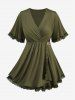 Plus Size Buckle Lace Trim Surplice Ruched Ruffles Asymmetrical T-shirt -  