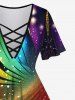 Plus Size Galaxy Glitter Swirls 3D Print Lattice Crisscross Flare Sleeve T-shirt -  