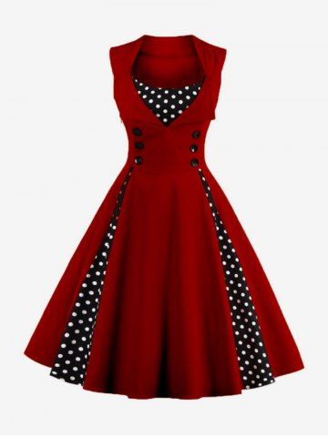 1950s Retro Plus Size Polka Dots Print Patchwork Buttons Side Zipper Vintage Swing Dress - RED - L