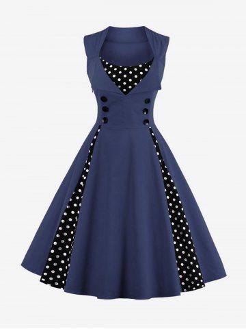 1950s Retro Plus Size Polka Dots Print Patchwork Buttons Side Zipper Vintage Swing Dress - BLUE - M