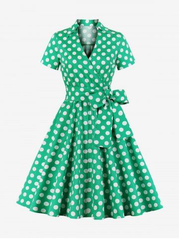 Plus Size Polka Dots Print Shirt Collar Surplice Zipper Ruched Vintage Dress With Belt - GREEN - XL