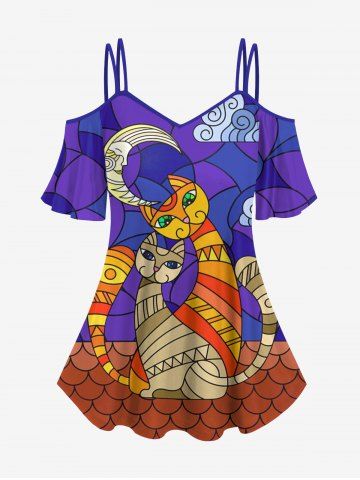 Plus Size Cold Shoulder Cat Fish Scale Moon Cloud Colorblock Print Cami T-shirt - PURPLE - XS