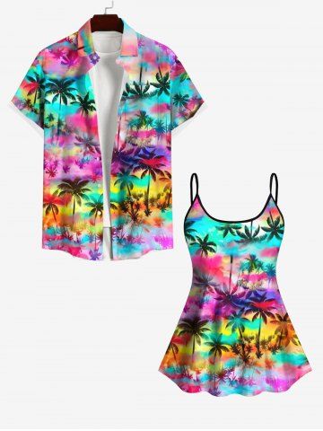 Fashion Colorful Ombre Galaxy Coconut Tree Print Plus Size Matching Hawaii Beach Outfit for Couples