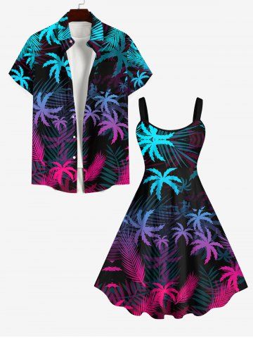 Ombre Coconut Tree Palm Leaf Print Plus Size Matching Hawaii Beach Outfit for Couples - BLACK