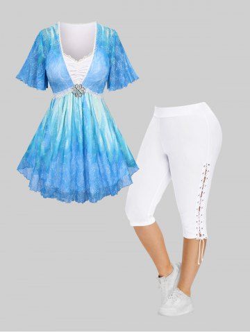 Flutter Sleeve Mesh Overlay 2 In 1 Top and Lace Up Capri Pants Plus Size Outfit - LIGHT BLUE